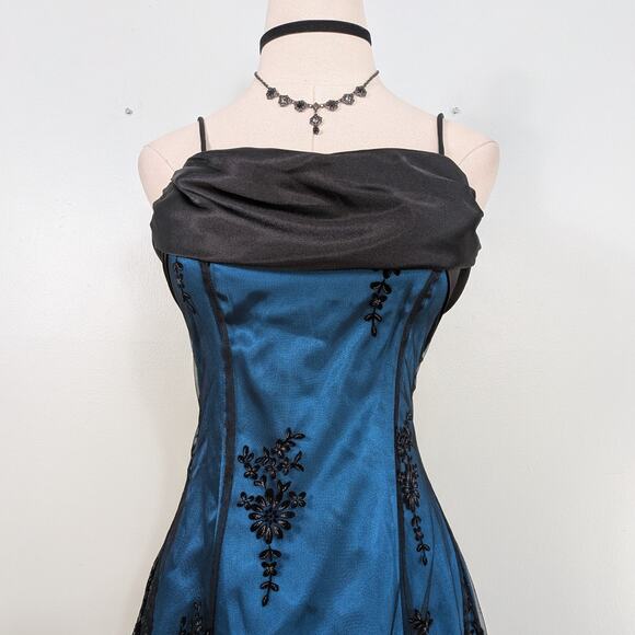 Blondie Nites Mini Dress 2 Blue Black Goth Corset Lace Y2K 90S Prom Floral Short - Picture 6 of 10